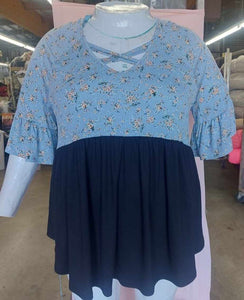 PSFU Blue Black Floral X Cage Caged Neck Shirt Top