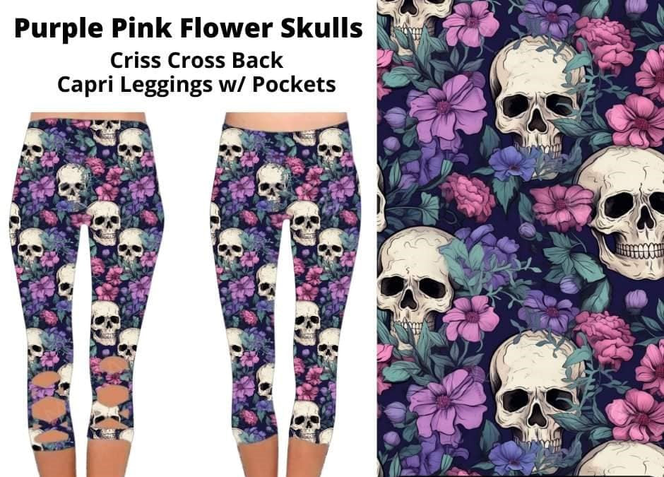 Purple Pink Flower Skulls X Back Capri Capris