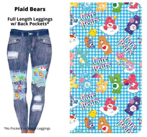 Faux Denim with Blue Plaid Car Bear Patches Full Length Legging Leggings