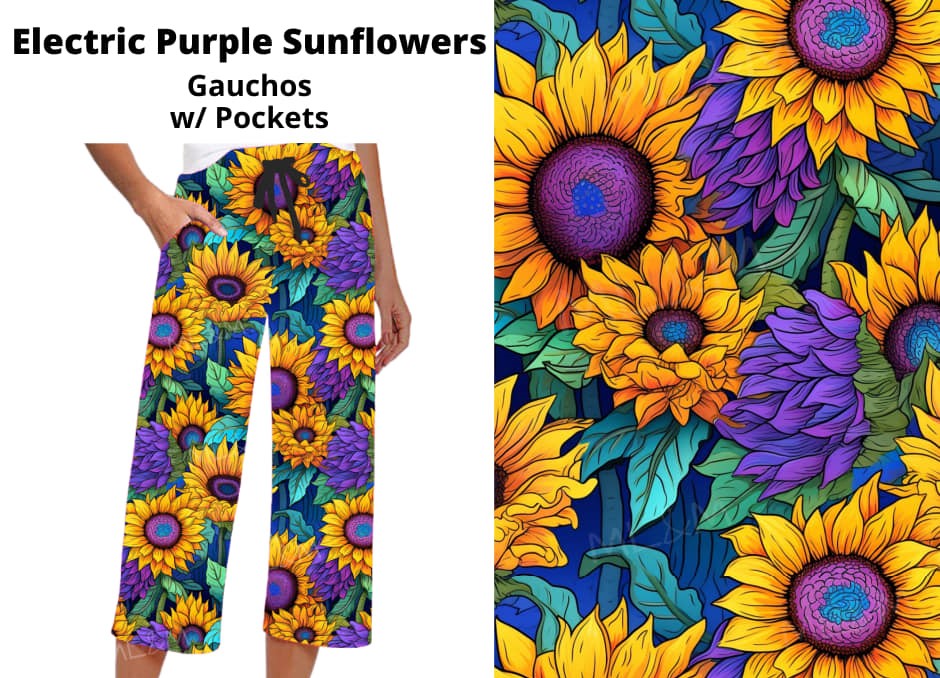Electric Purple Sunflower Capri Gaucho Gauchos w Pockets