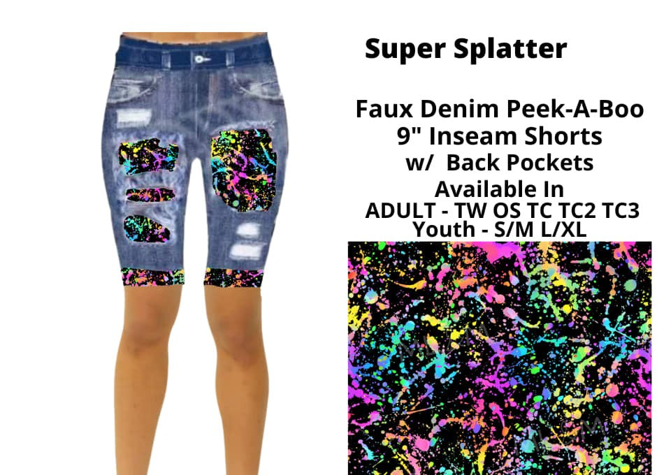 Faux Denim Super Splatter Bermuda Length Short Shorts