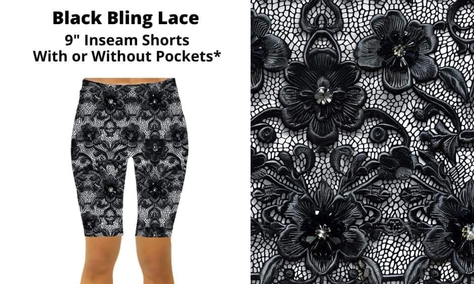 Black Gray Lace Floral 9" Inseam Short Shorts