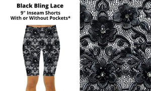 Black Gray Lace Floral 9" Inseam Short Shorts