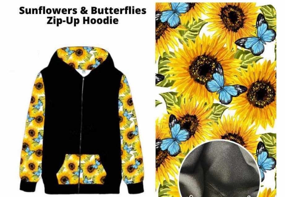 Black Sunflower Butterfly Zip Up Front Hoodie