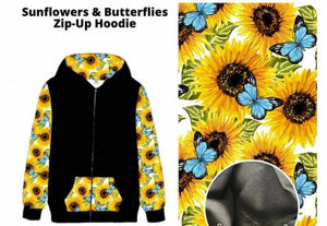 Black Sunflower Butterfly Zip Up Front Hoodie