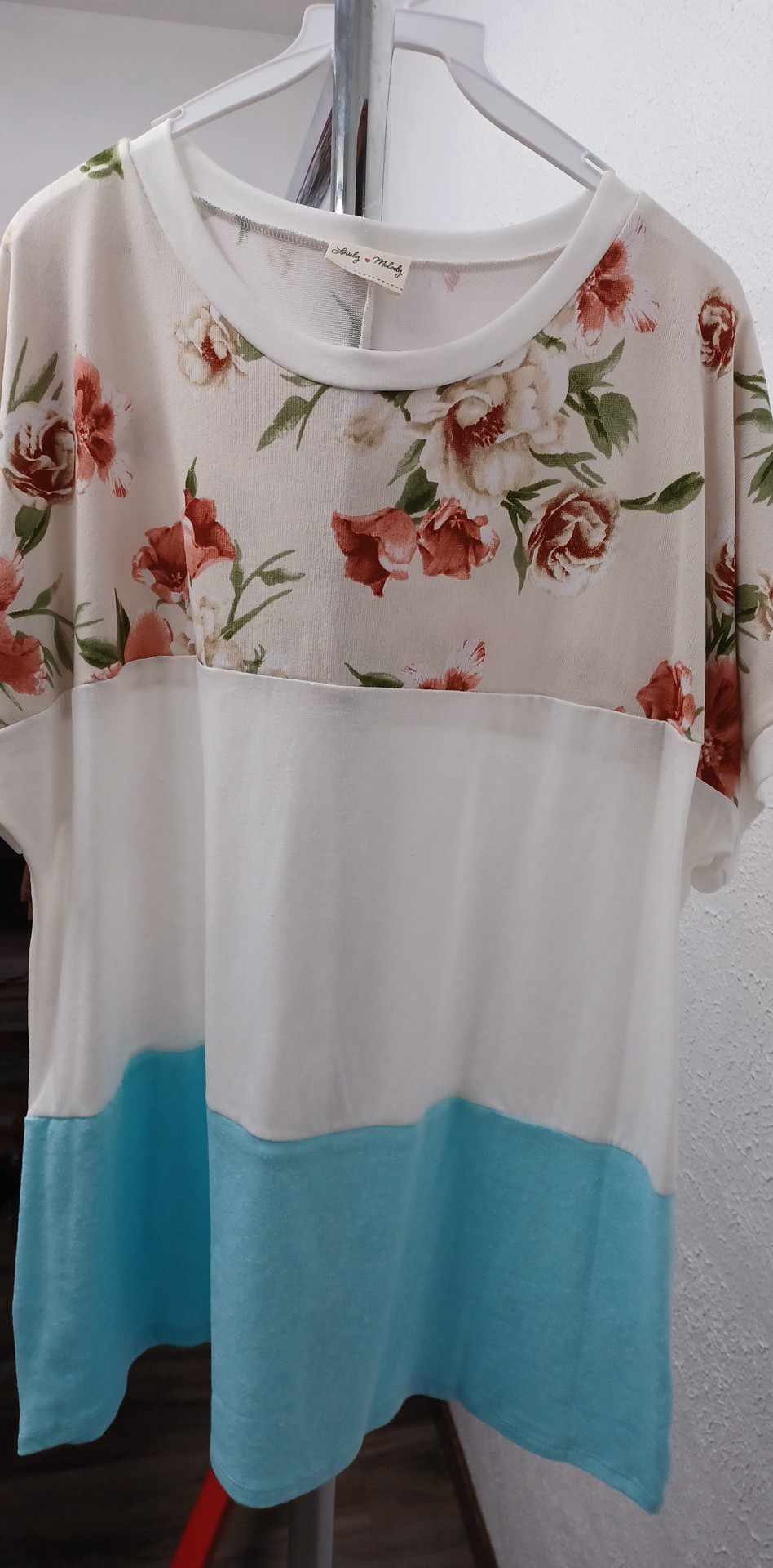 Floral White Blue Colorblock Shirt Top