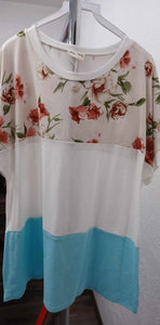 Floral White Blue Colorblock Shirt Top