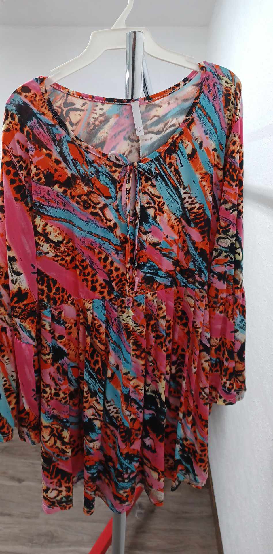 Pink Teal Orange Black Tie Neck Shirt Top