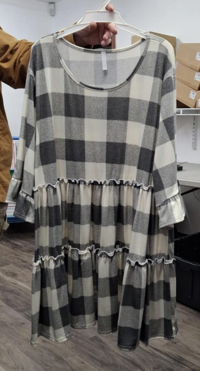 Ivory Gray Plaid Tiered Shirt Top