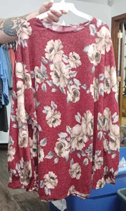 Red Floral Light Sweatery Weight Shirt Top