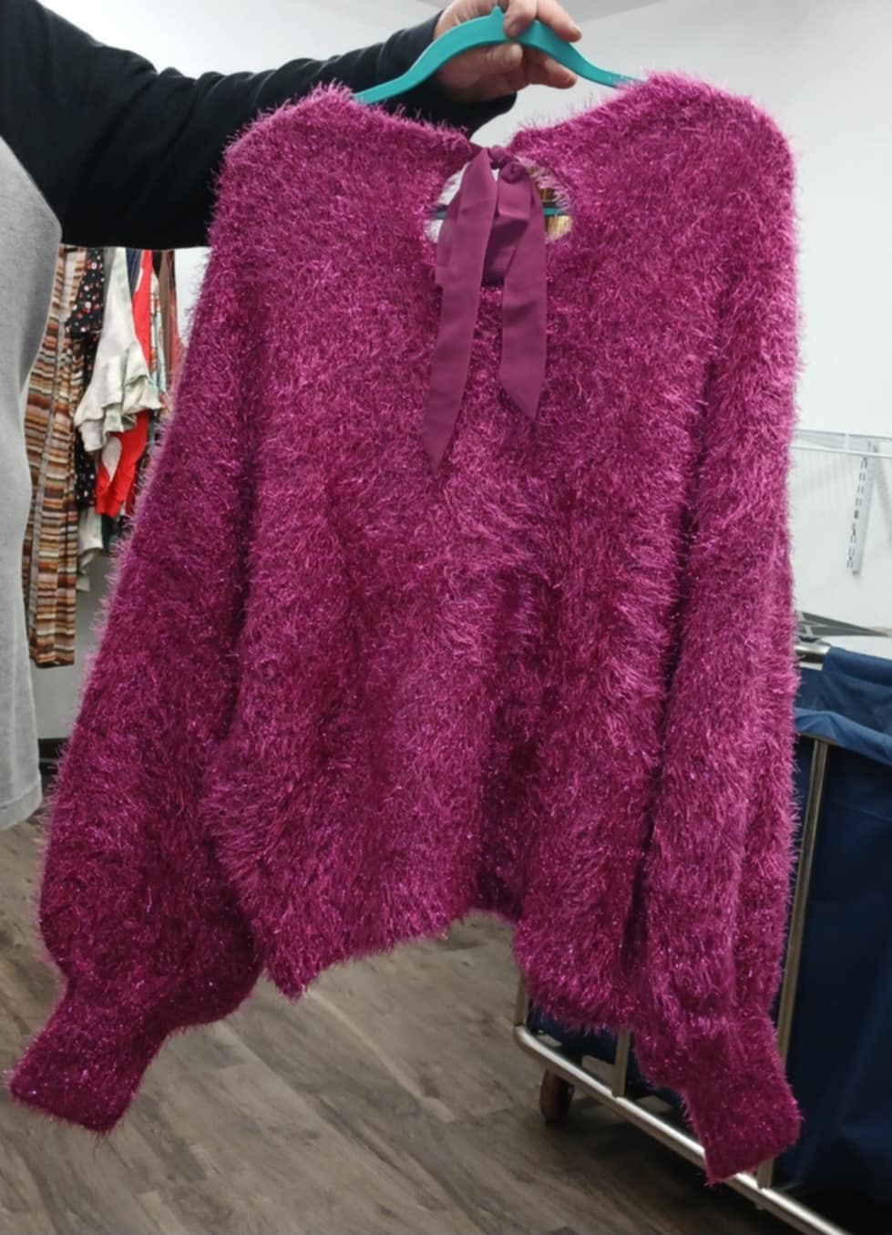 Pink "furry" Sweater Shirt Top w Keyhole Back Tie