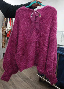 Pink "furry" Sweater Shirt Top w Keyhole Back Tie