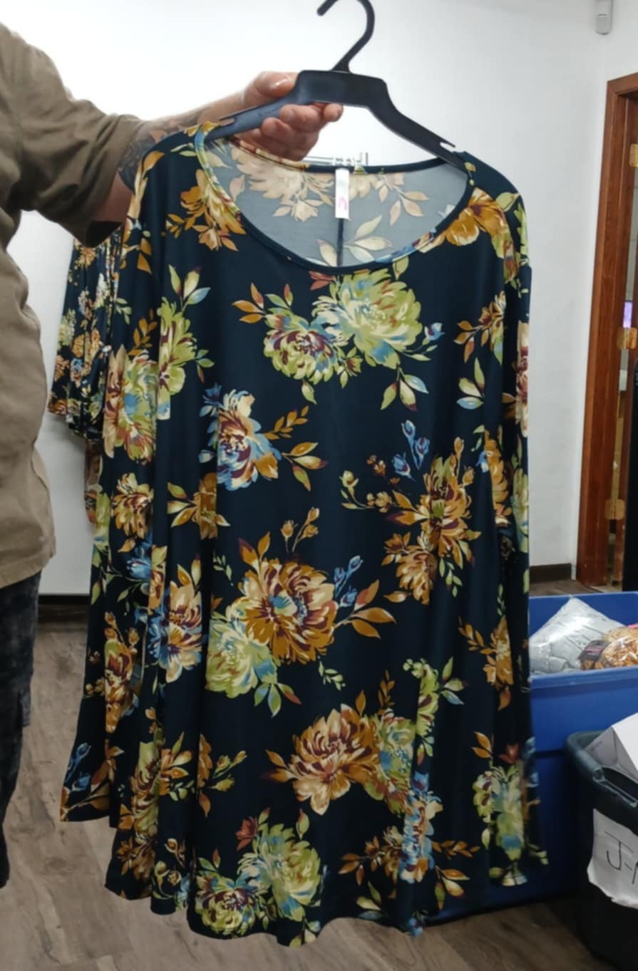 Navy Green Gold Floral Long Sleeve Shirt Top