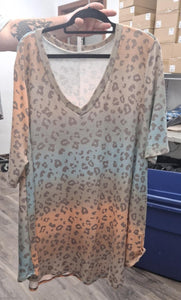 Blue Brown Orange Leopard V Neck Shirt Top