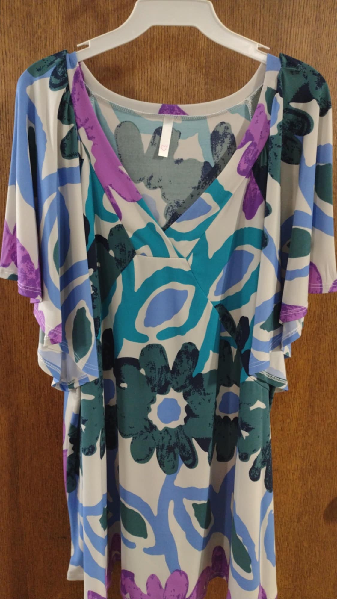 Blue Purple Floral V Neck Shirt Top w Wide Sleeves