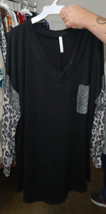 PSFU Black Leopard Sleeve Gray Sparkle Pocket Sleeve Shirt Top