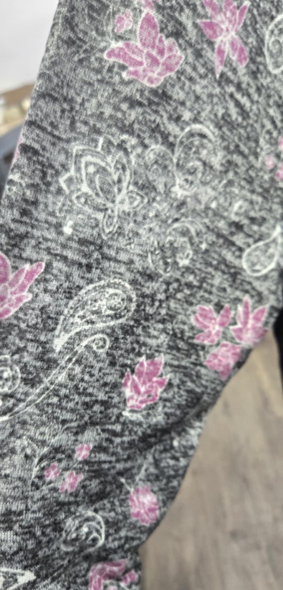 Black Shirt Top with Gray Paisley Floral Sleeves