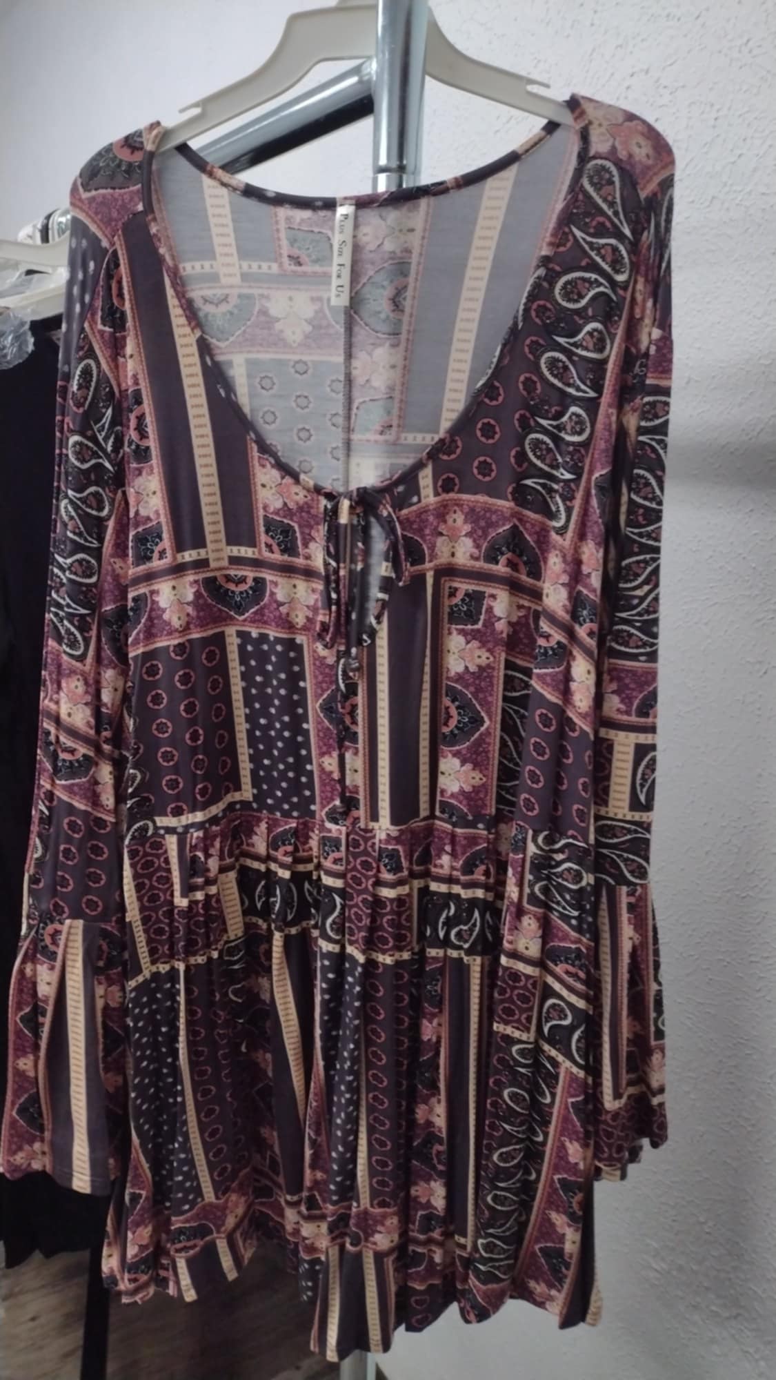 PSFU Gray Pink Tie Neck Patchwork Shirt Top
