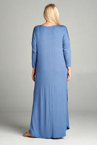Long Solid Blue Maxi Dress W Pockets