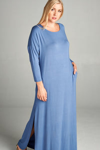 Long Solid Blue Maxi Dress W Pockets