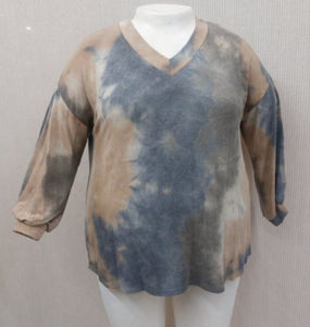 PSFU Blue Brown V Neck Tie Dye Bubble Sleeve Shirt Top