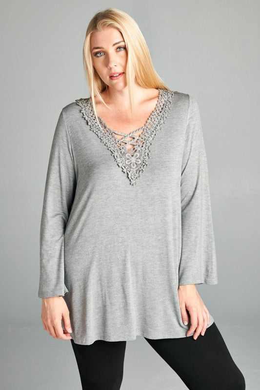 Gray Bell Sleeve Top with Criss Cross X Neck Flower Patch Lace Shirt