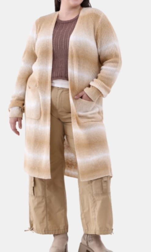 Beige White Long Cardigan w Pockets