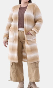 Beige White Long Cardigan w Pockets