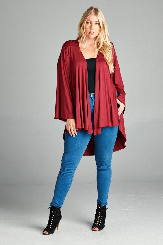 Burgundy Open Front Hi Low Cardigan w Bell Sleeves