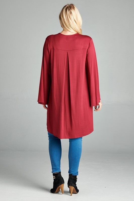 Burgundy Open Front Hi Low Cardigan w Bell Sleeves