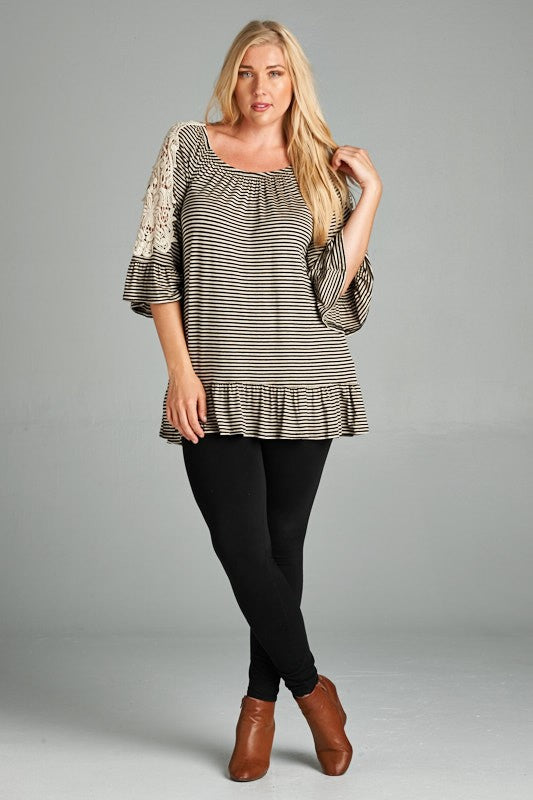 Oat Black Striped Lace Sleeve Shirt Top