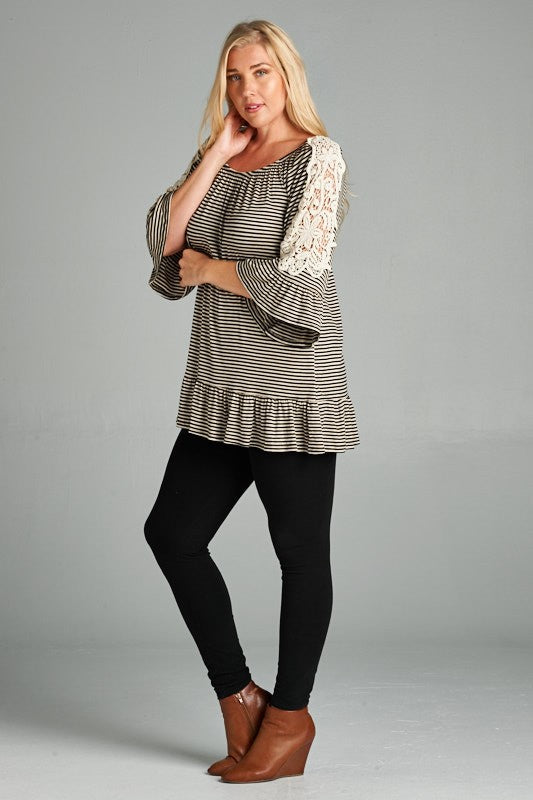 Oat Black Striped Lace Sleeve Shirt Top