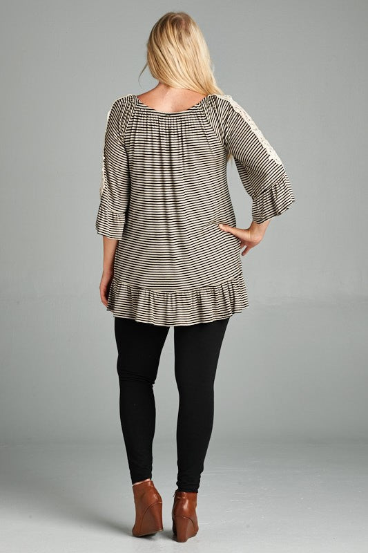 Oat Black Striped Lace Sleeve Shirt Top