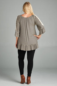 Oat Black Striped Lace Sleeve Shirt Top
