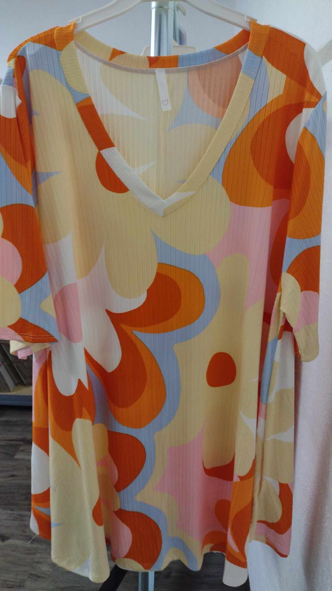 Big Retro Floral Print Ribbed Yellow Orange Shirt Top