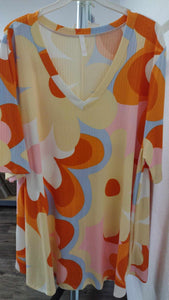 Big Retro Floral Print Ribbed Yellow Orange Shirt Top