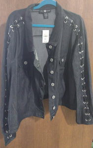 Black Denim Jean Jacket w Lace Up Sleeves