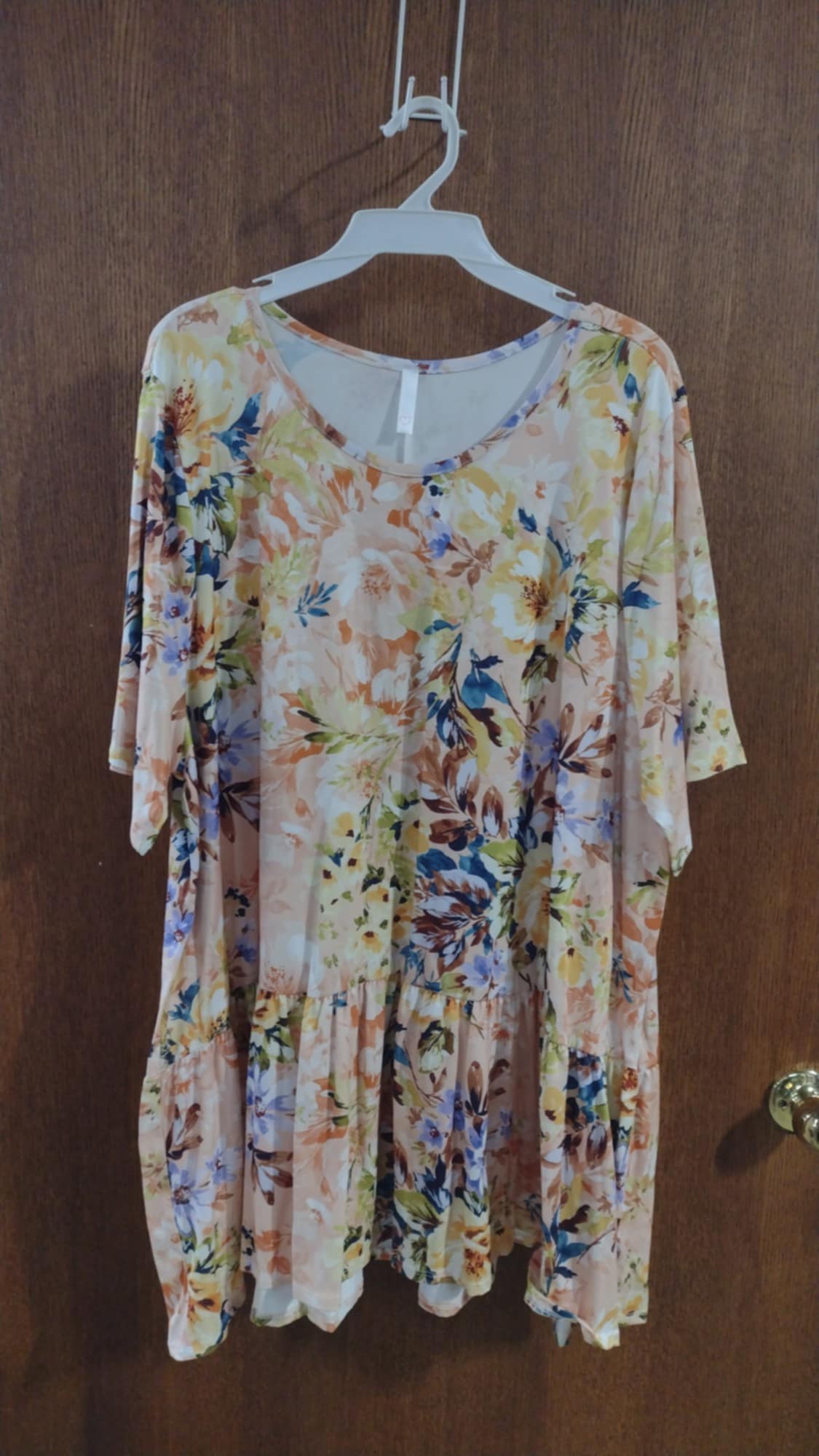 Peach Yellow Floral Shirt Top w Ruffle Hem