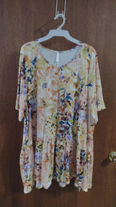 Peach Yellow Floral Shirt Top w Ruffle Hem
