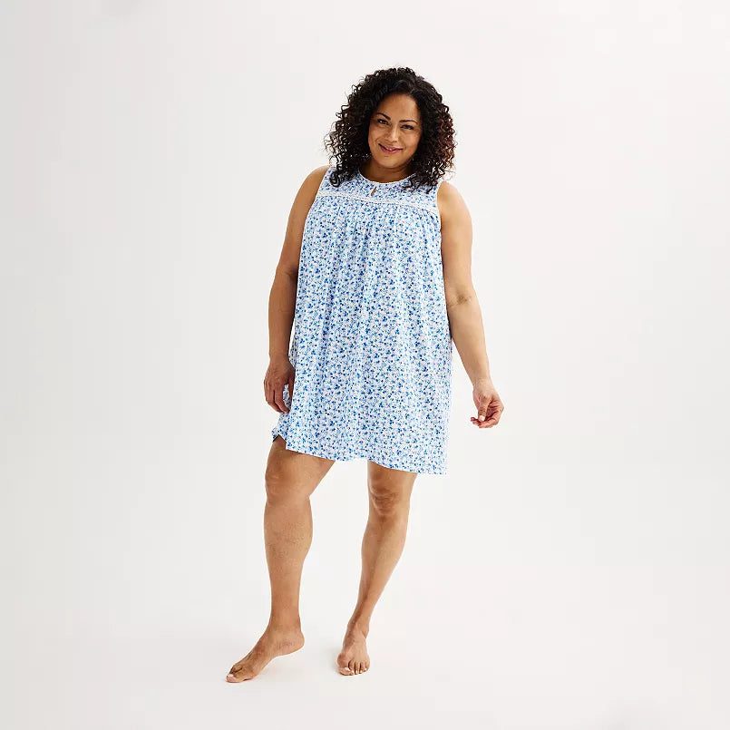 Blue Floral Front Pintuck Keyhole Nightgown