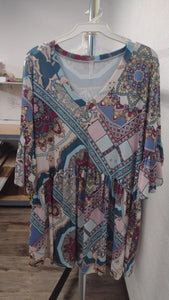 Blue Mauve Pink Medallion Shirt Top V Neck