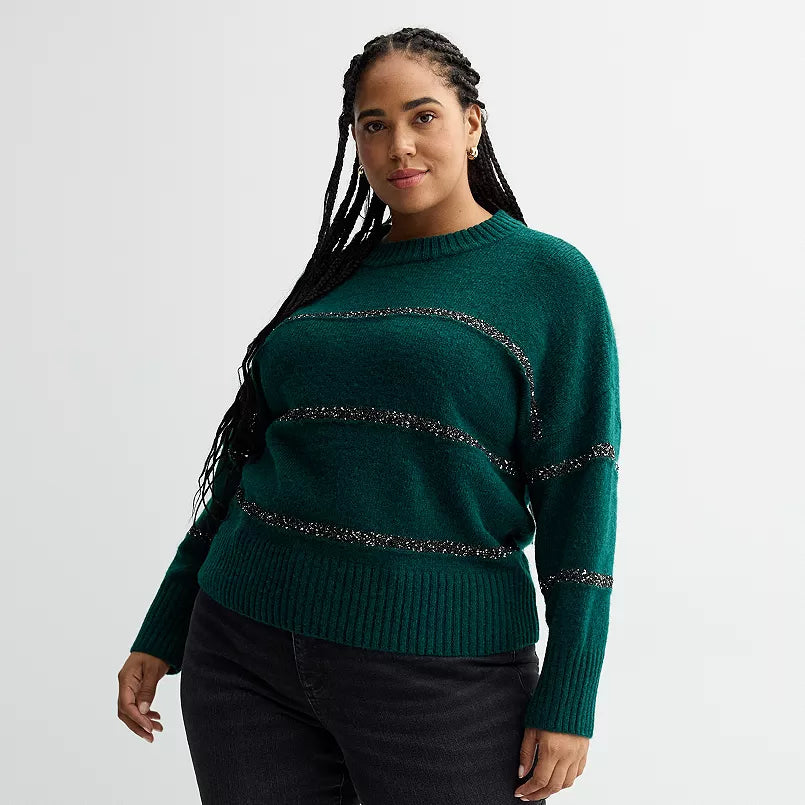 Womens Green Sweater with Black Sequin Stripes