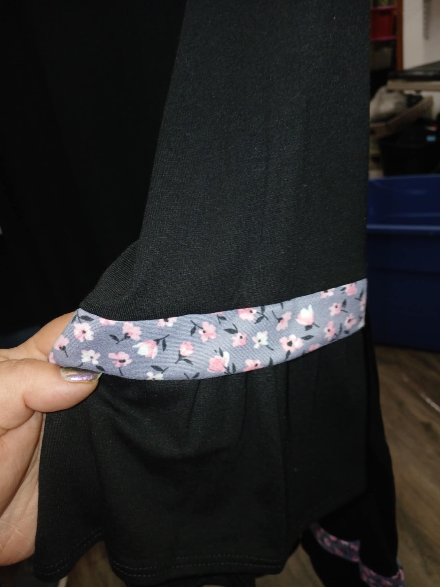 PSFU Black Shirt Top with Gray Pink Floral Accents
