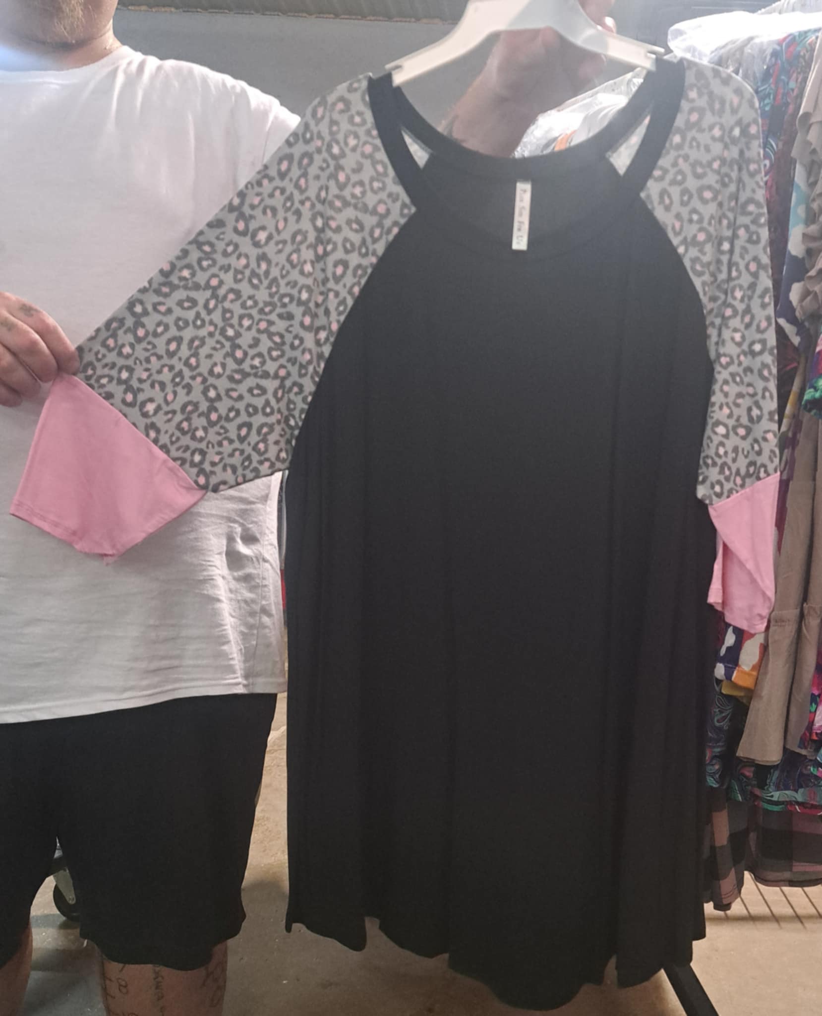 PSFU Black Shirt Top w Gray Pink Leopard Sleeves and Cuff