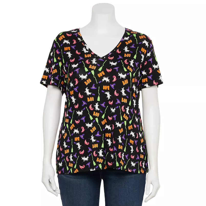 Black Boo Witch Hat Broom V Neck Shirt Top