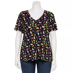 Black Boo Witch Hat Broom V Neck Shirt Top