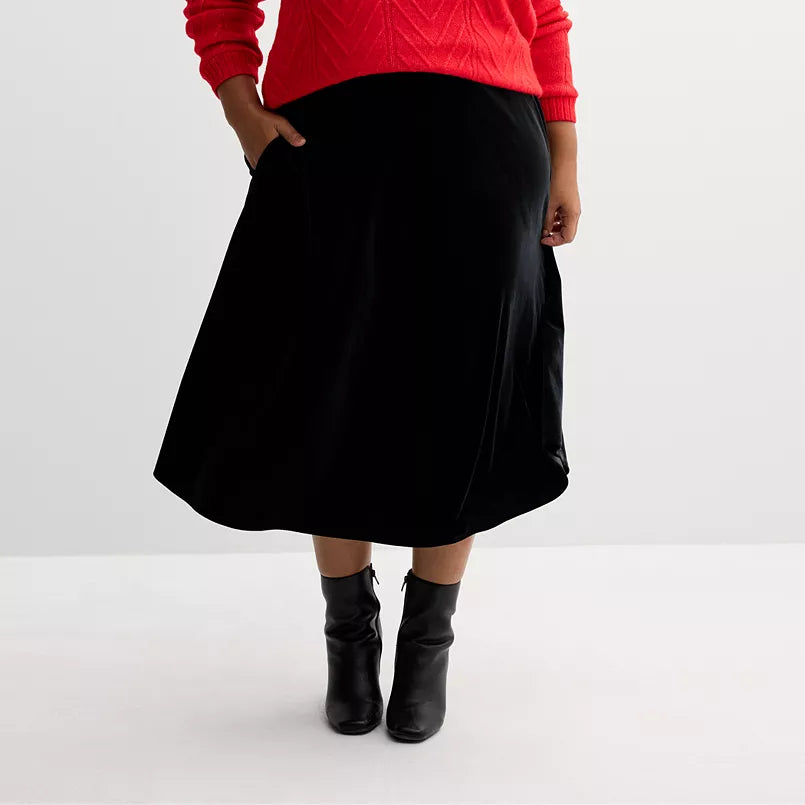 Black Super Stretchy Velvet Midi Skirt