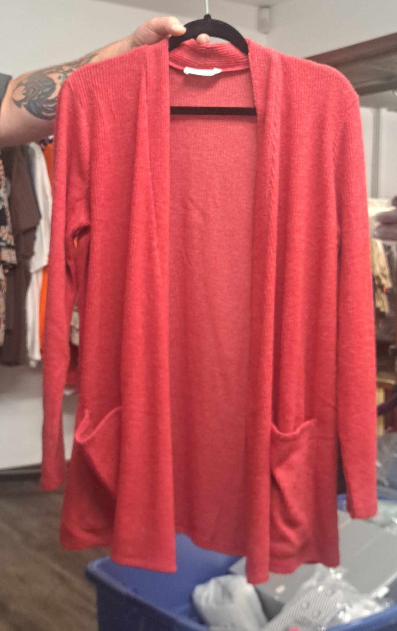 Heathered Red Long Sleeve Soft Cardigan with Front Pockets