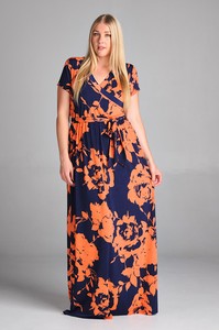 Navy Orange Floral Maxi Wrap Dress