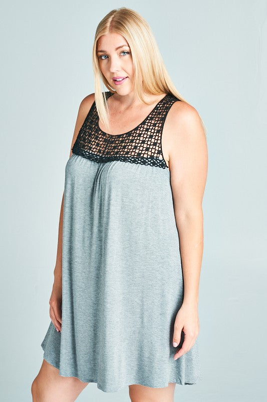 Gray Black Lace Neckline Dress Nightgown Coverup